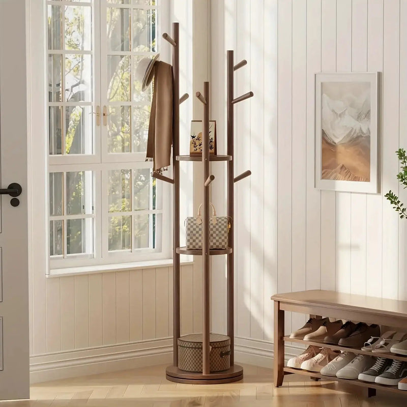 Heavy-Duty Freestanding Clothes Rack with 3-Tier Shelves & 9 Hooks - No Assembly Needed, Space-Saving Organizer Stand for Entryway, Bedroom, Office - Sturdy Hardwood Construction, Modern Minimalist Design for Coats, Hats, Bag by House Of Avana