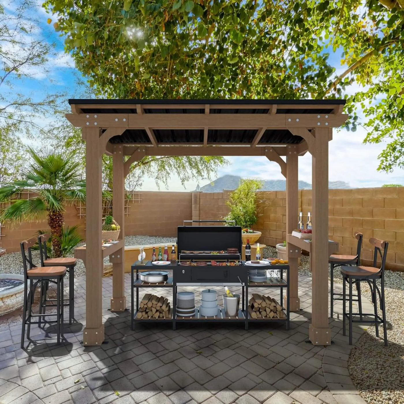 Heavy-Duty Premium Wooden Grill Gazebo With Sloped Metal Roof (SAK61583) by SAKSBY WHOLESALE