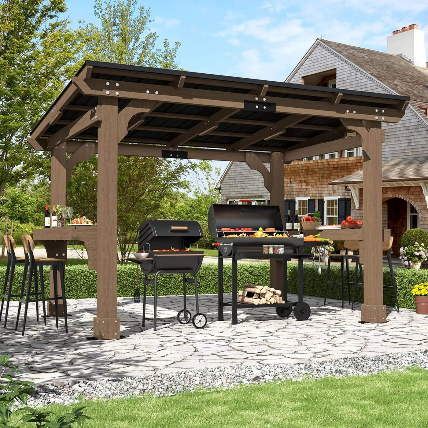 Heavy-Duty Premium Wooden Grill Gazebo With Sloped Metal Roof (SAK61583) by SAKSBY WHOLESALE
