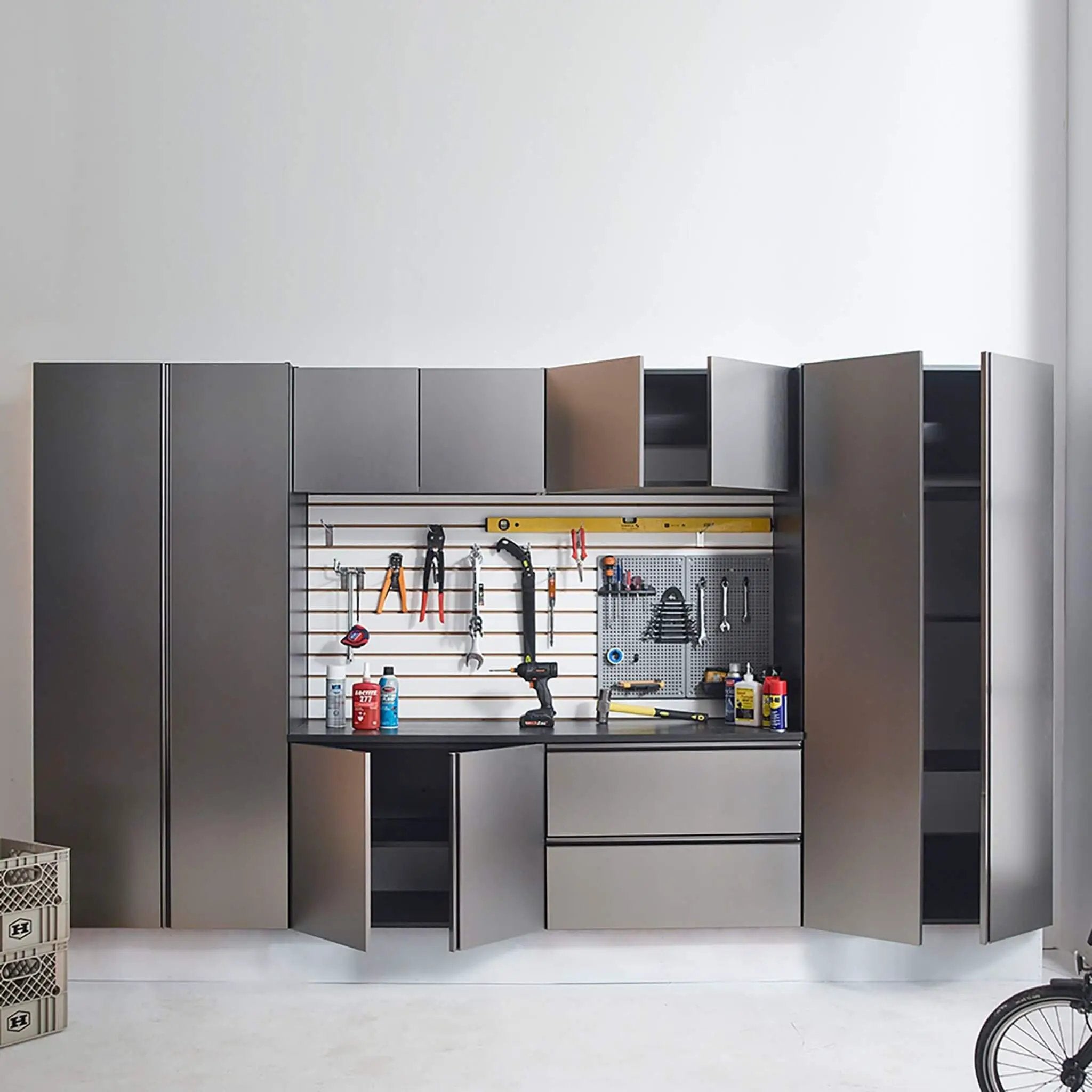 Alora Heavy-Duty Wall-Mounted Metallic Gray Garage Cabinet Set With Soft Closing Doors And Drawers (SAK24368) by SAKSBY WHOLESALE