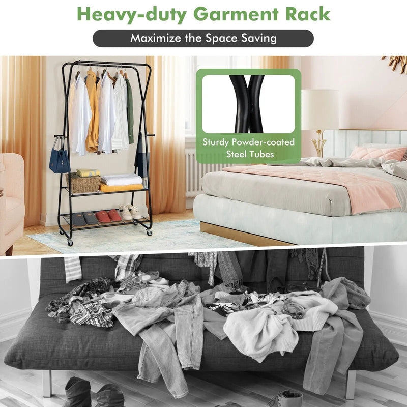 Heavy Duty Clothes Rack on Wheels with Shelves-Black by DirectDeals