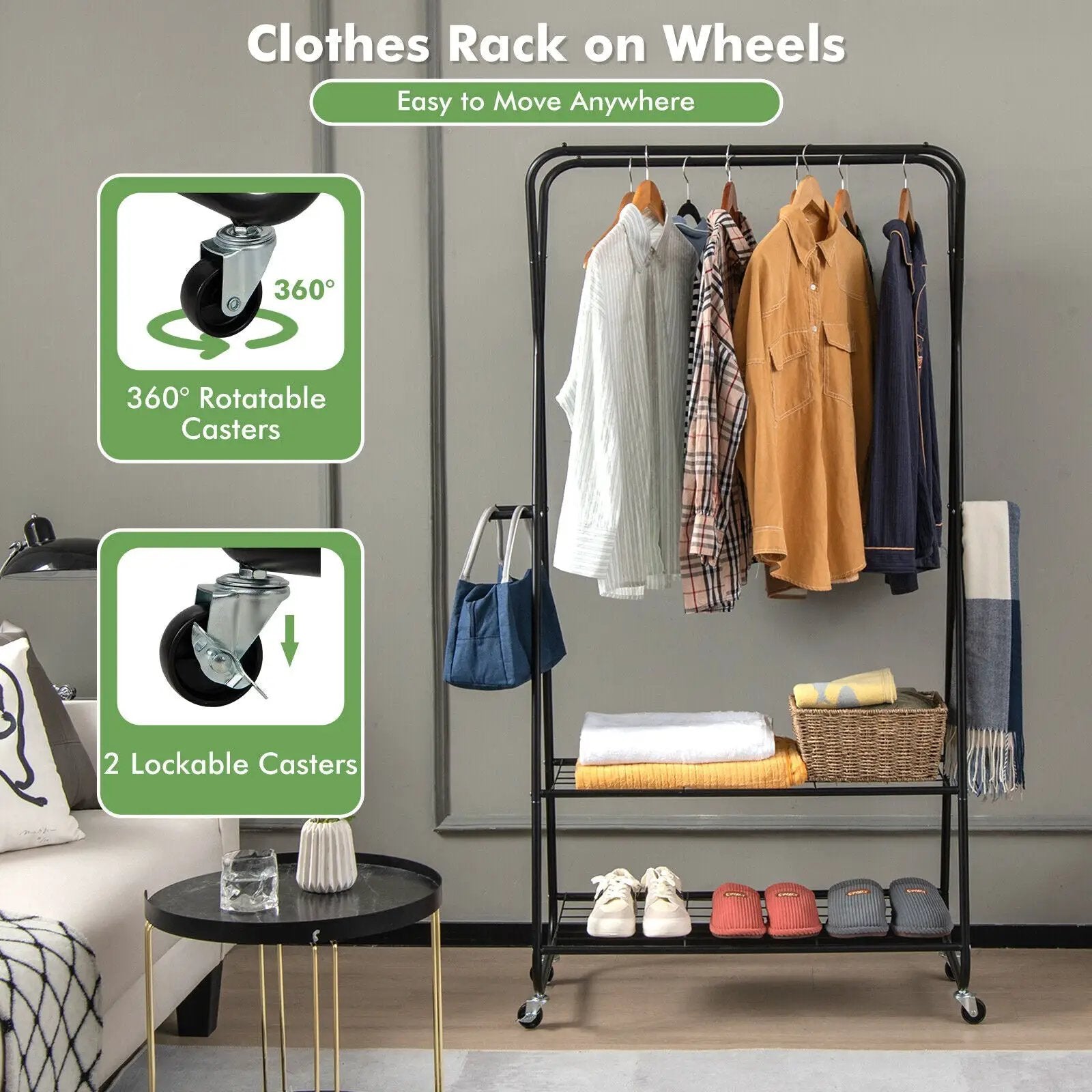 Heavy Duty Clothes Rack on Wheels with Shelves-Black by DirectDeals
