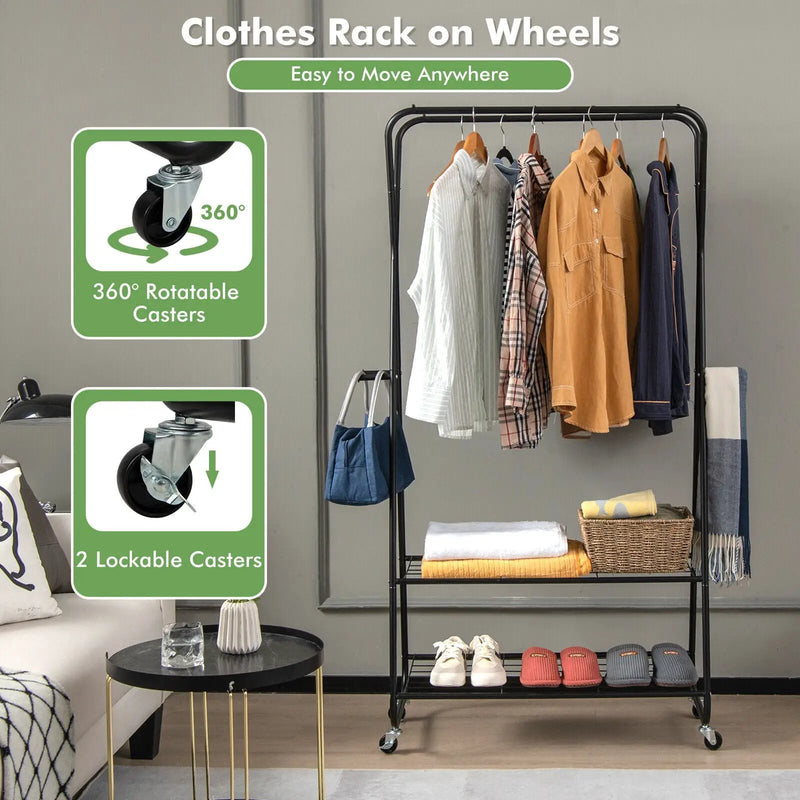 Heavy Duty Clothes Rack on Wheels with Shelves-Black by DirectDeals