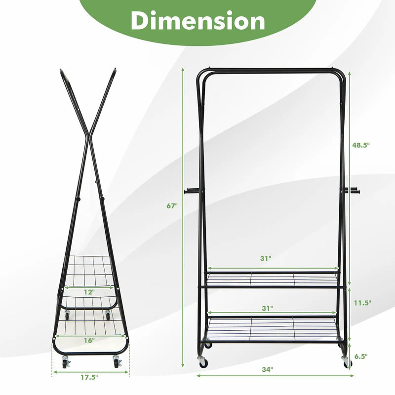 Heavy Duty Clothes Rack on Wheels with Shelves-Black by DirectDeals