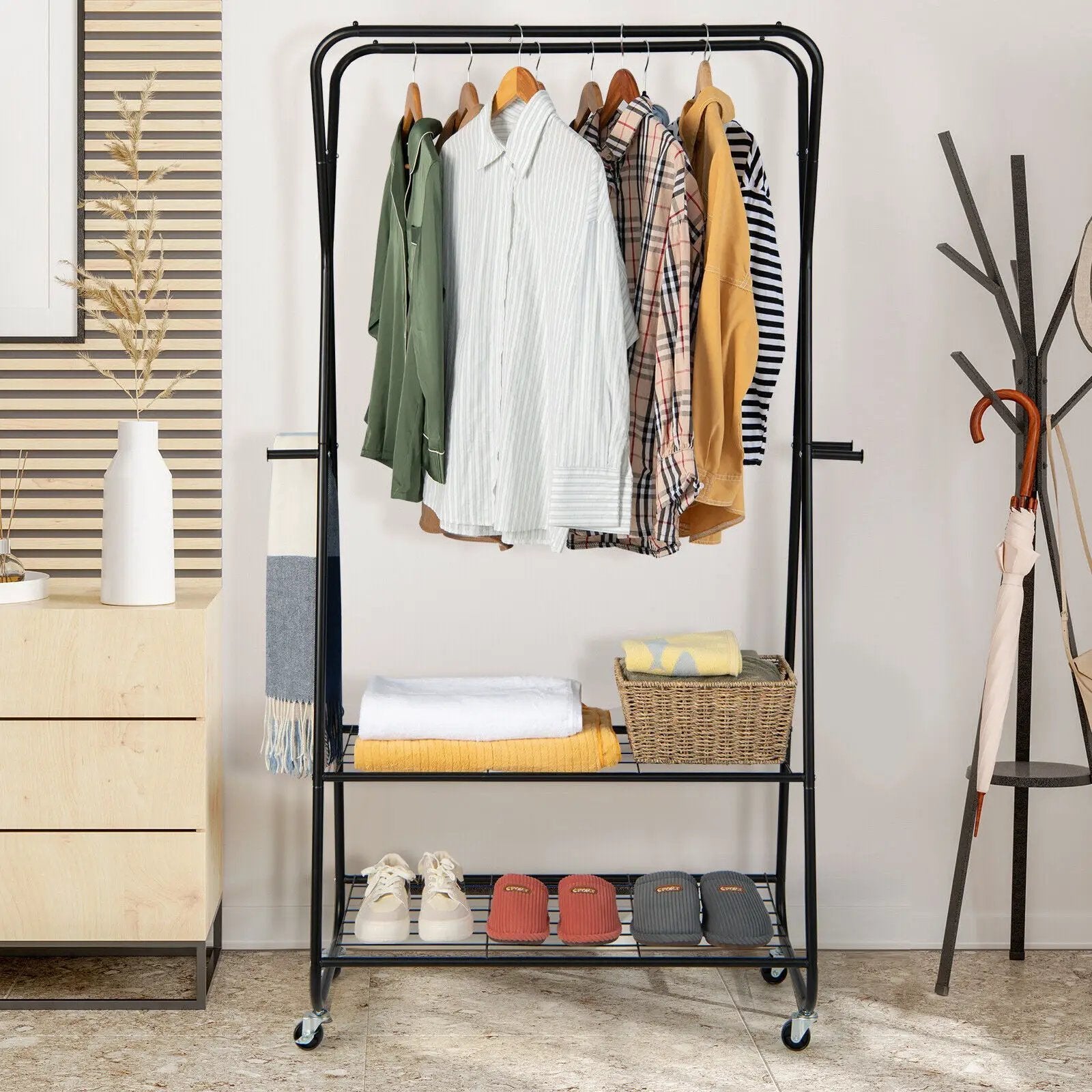 Heavy Duty Clothes Rack on Wheels with Shelves-Black by DirectDeals