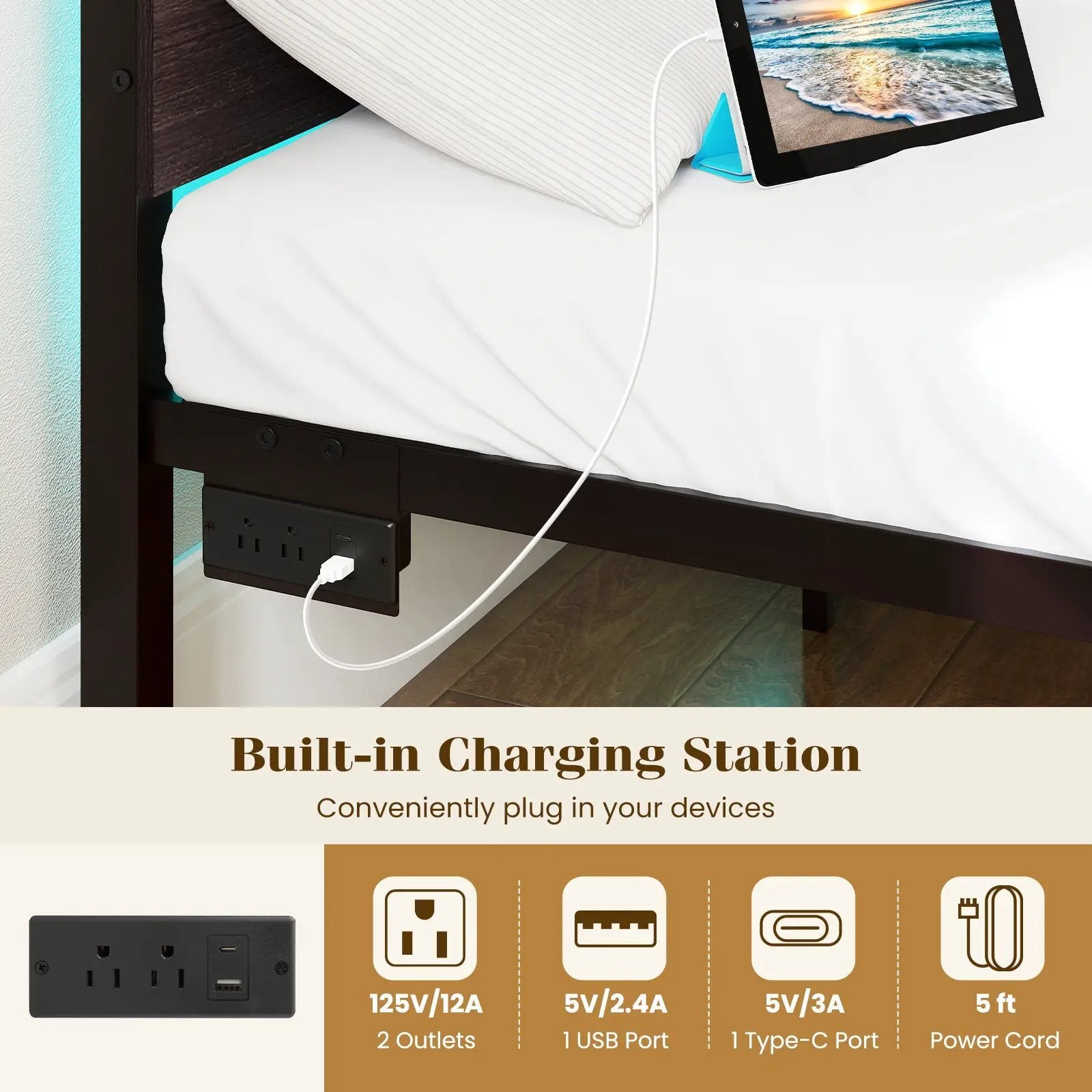 Heavy-Duty Metal Slats Support Bed Platform with Charging Station by DirectDeals