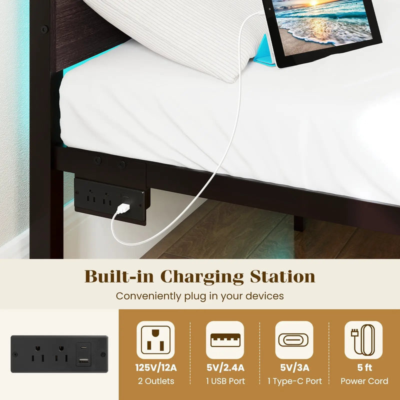 Heavy-Duty Metal Slats Support Bed Platform with Charging Station by DirectDeals