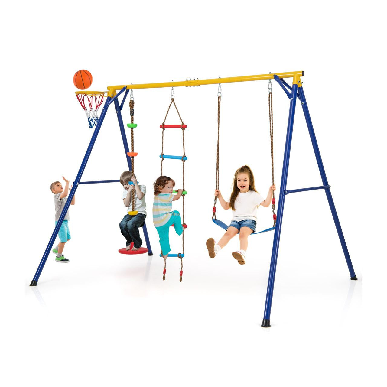 4-in-1 660 lbs Heavy Duty Swing Set for Kids Aged 3-9 Years Old-Yellow by DirectDeals