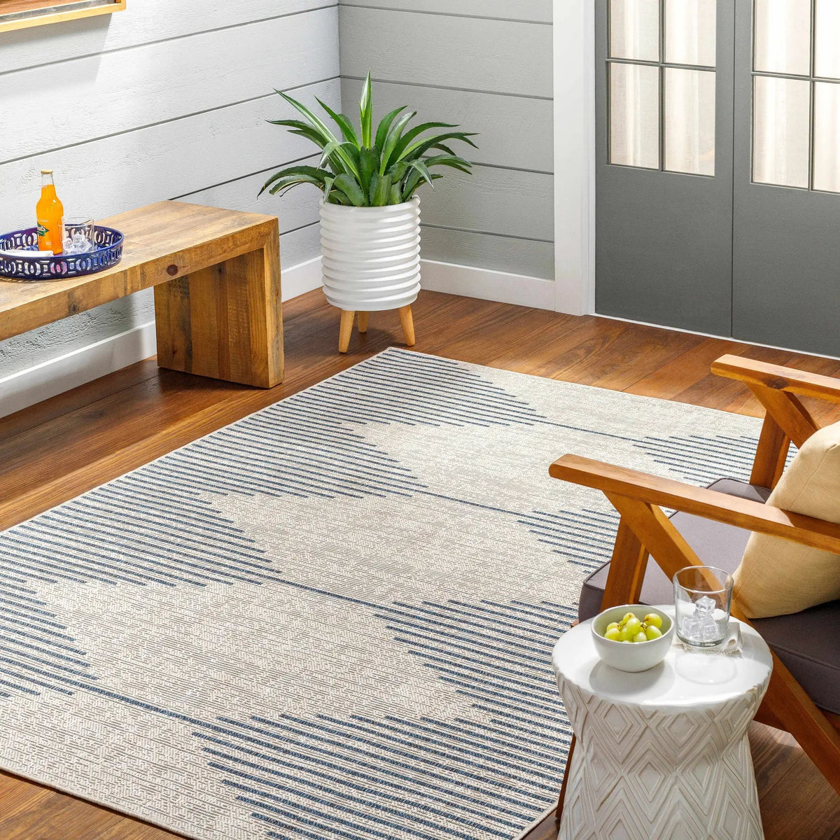 Stephan Blue & Gray Outdoor Rug, installed in a room