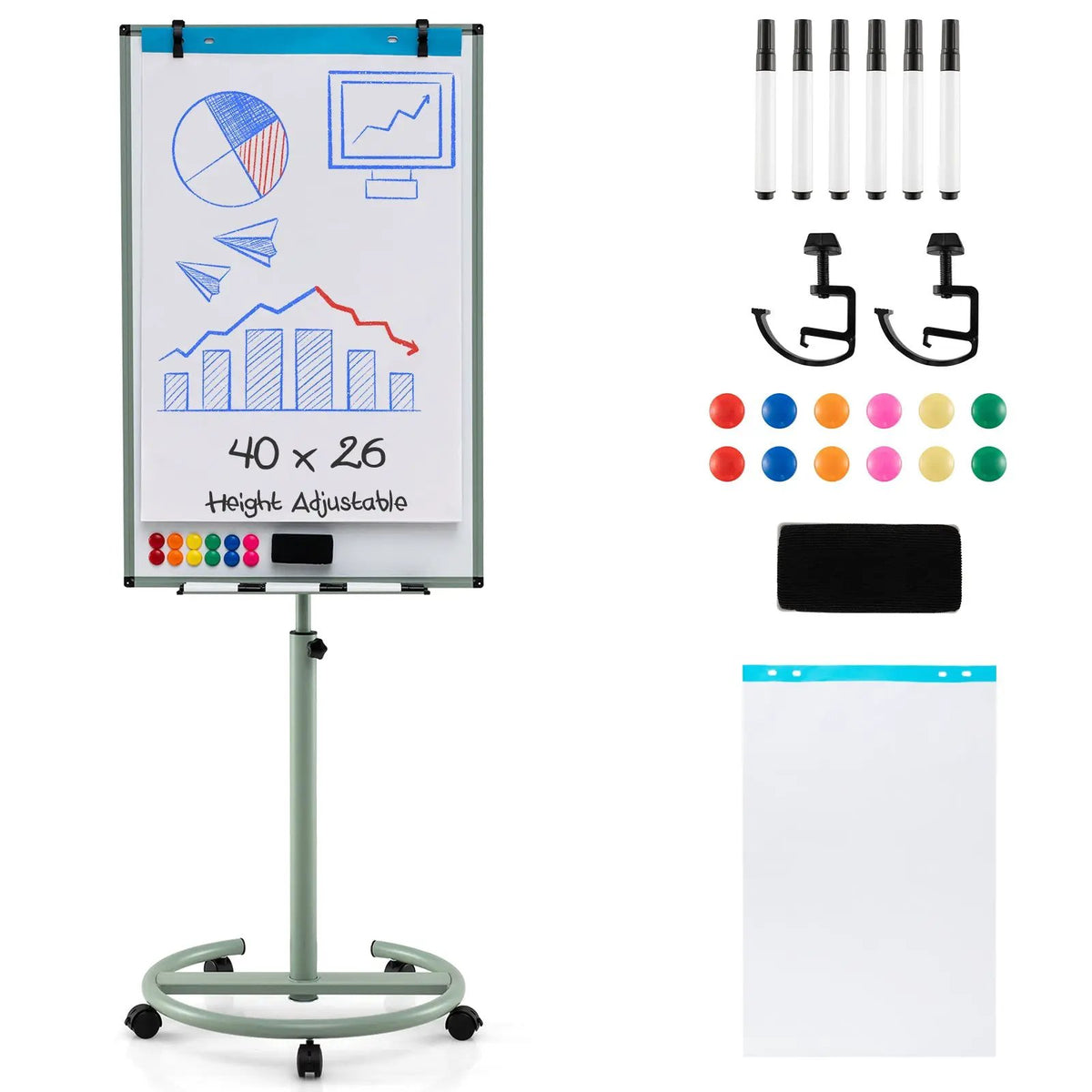 Height-Adjustable Mobile Whiteboard with Round Stand Paper Clips, photo 9 of 10