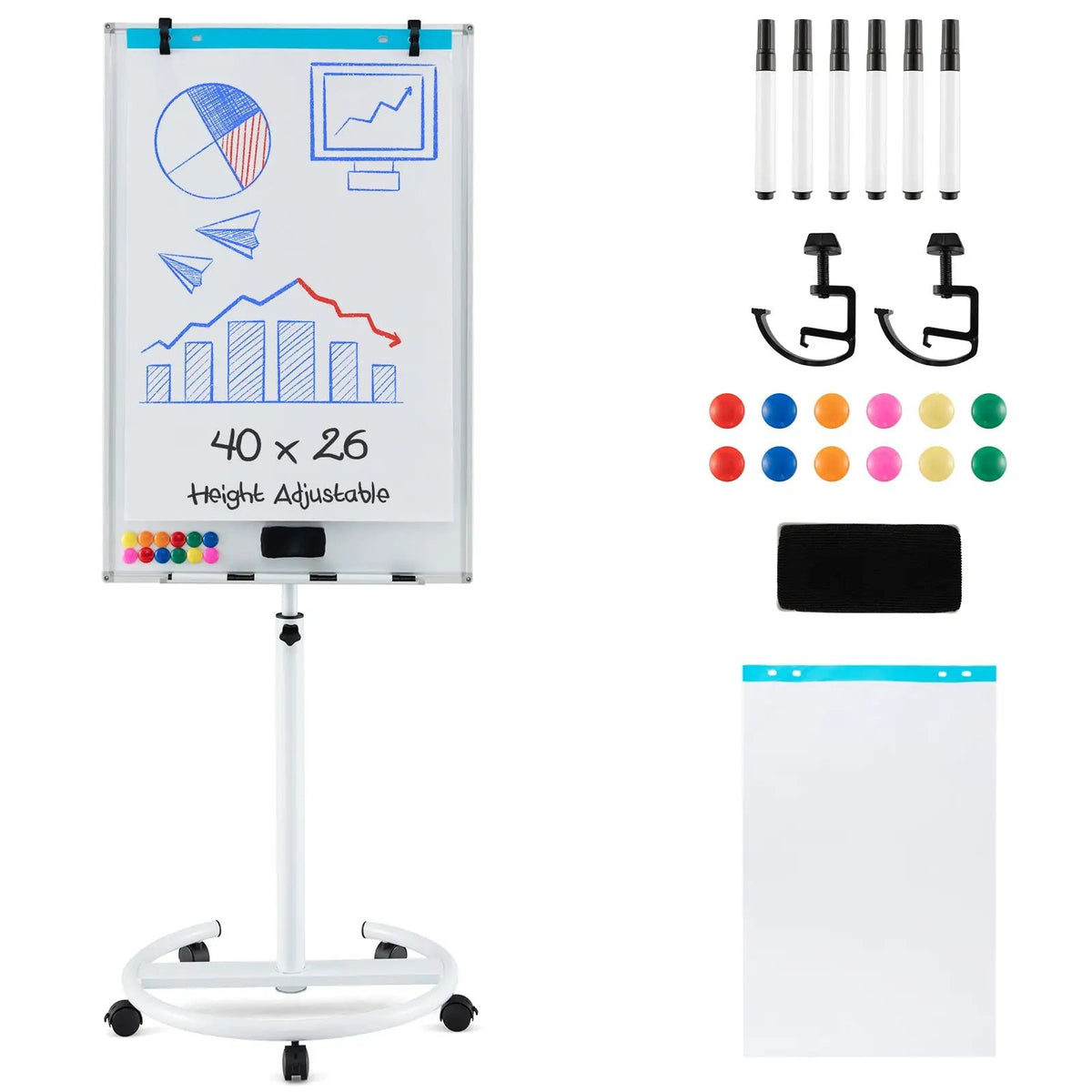 Height-Adjustable Mobile Whiteboard with Round Stand Paper Clips, photo 10 of 10