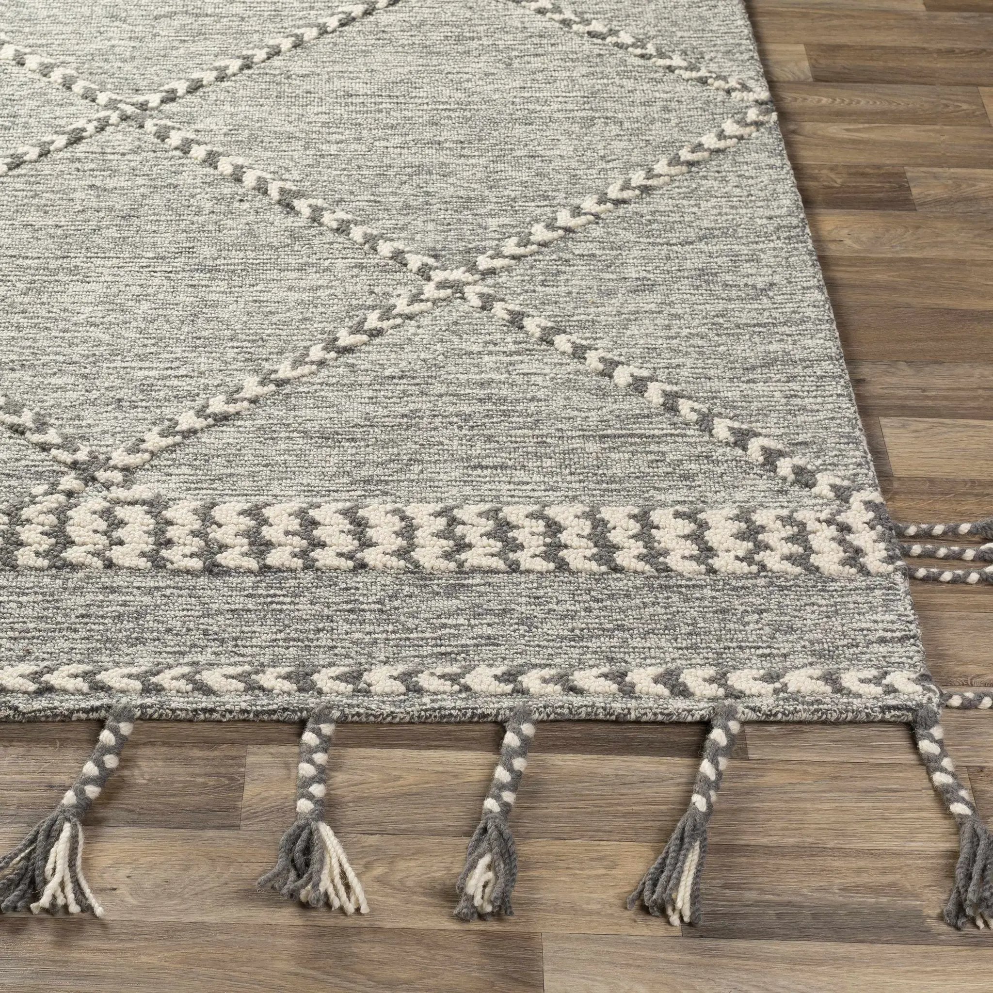 Hertfordshire Gray Trellis Tassel Wool Rug - Clearance by Boutique Rugs