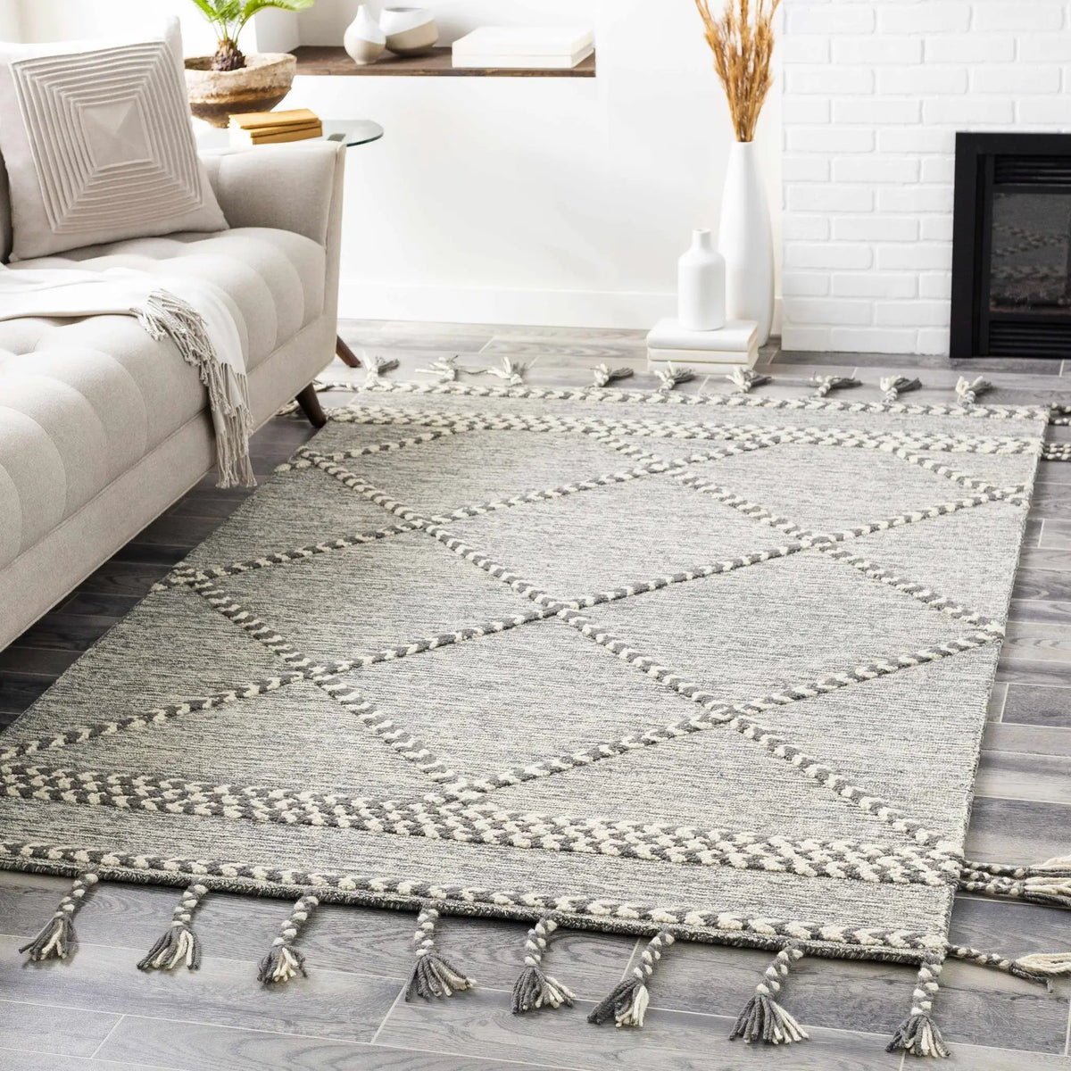 Hertfordshire Gray Trellis Tassel Wool Rug - Clearance, installed in a room