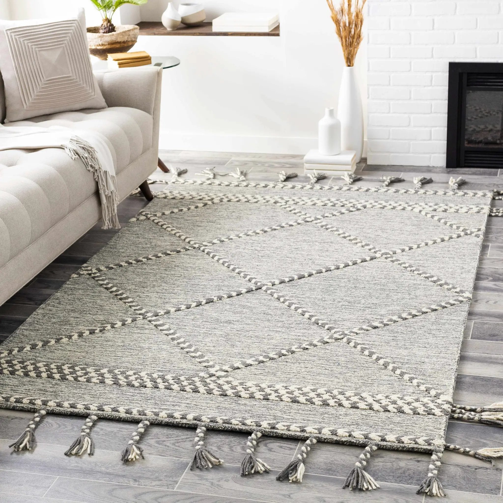 Hertfordshire Gray Trellis Tassel Wool Rug - Clearance by Boutique Rugs