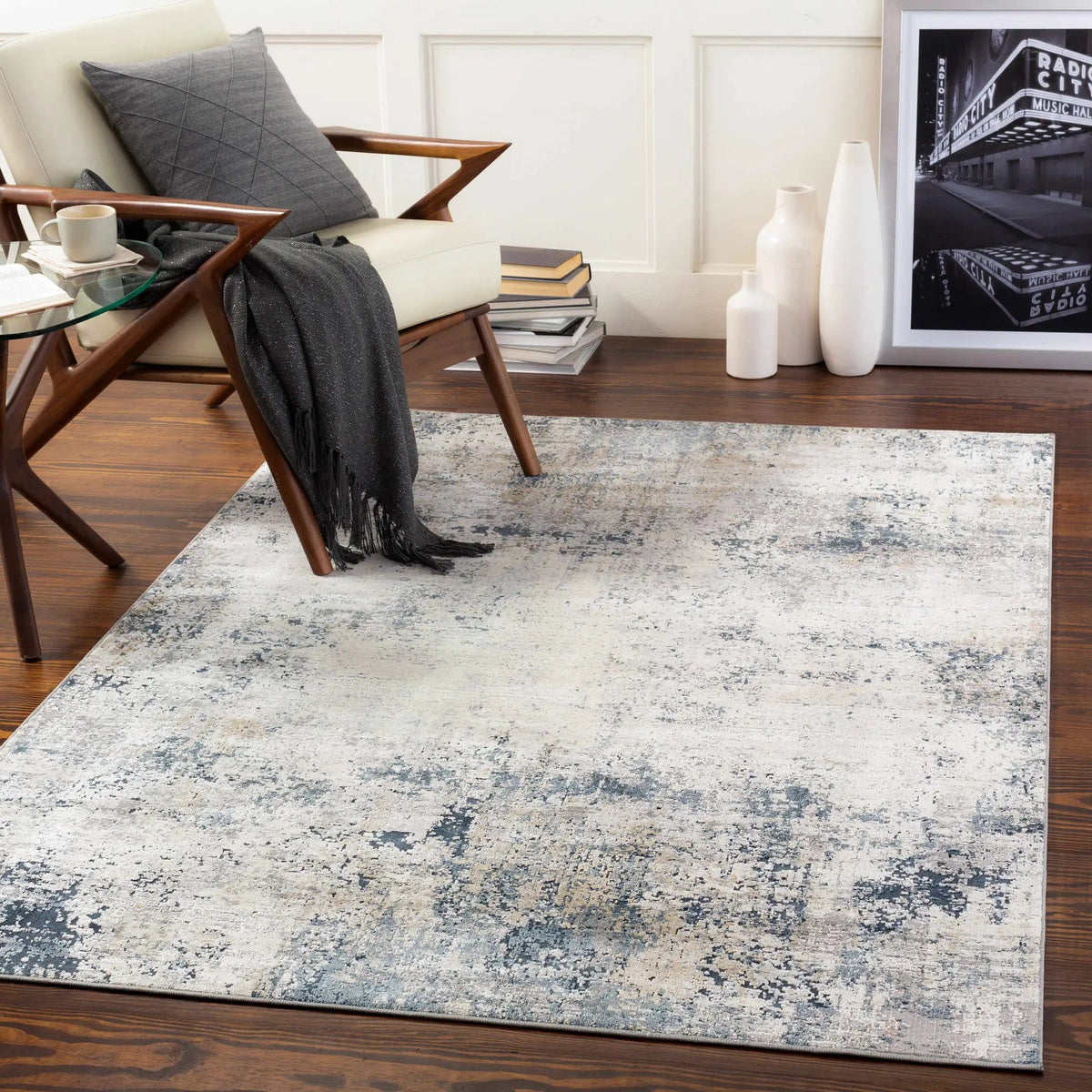 Higden Abstract Denim Blue Rug, installed in a room