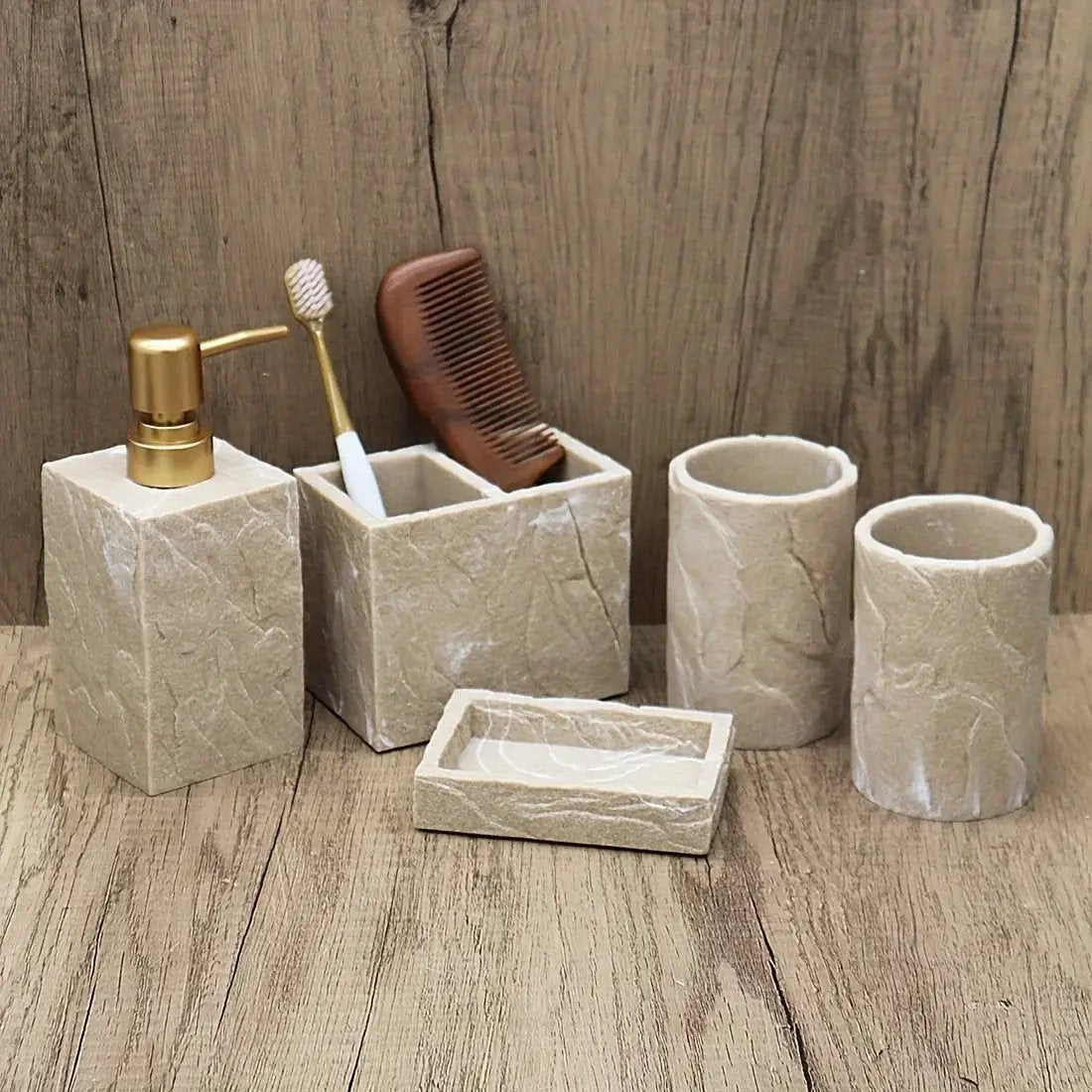 High-End Resin Bathroom Set with Empty Bottles for Hand Soap, Shampoo, and Various Lotions - Includes Toothbrush Holder, Mouthwash Cup, Soap Dish - Practical and Stylish Design, a Great Bathroom Kit, Bathroom Storage Cabinet, by House Of Avana