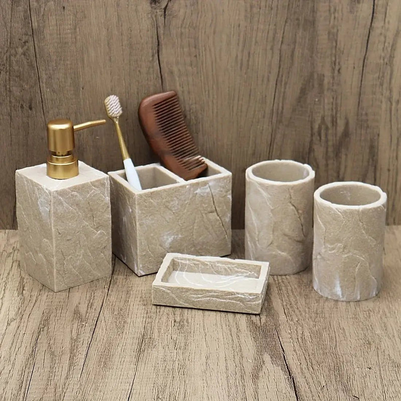 High-End Resin Bathroom Set with Empty Bottles for Hand Soap, Shampoo, and Various Lotions - Includes Toothbrush Holder, Mouthwash Cup, Soap Dish - Practical and Stylish Design, a Great Bathroom Kit, Bathroom Storage Cabinet, by House Of Avana