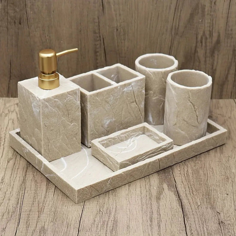 High-End Resin Bathroom Set with Empty Bottles for Hand Soap, Shampoo, and Various Lotions - Includes Toothbrush Holder, Mouthwash Cup, Soap Dish - Practical and Stylish Design, a Great Bathroom Kit, Bathroom Storage Cabinet, by House Of Avana
