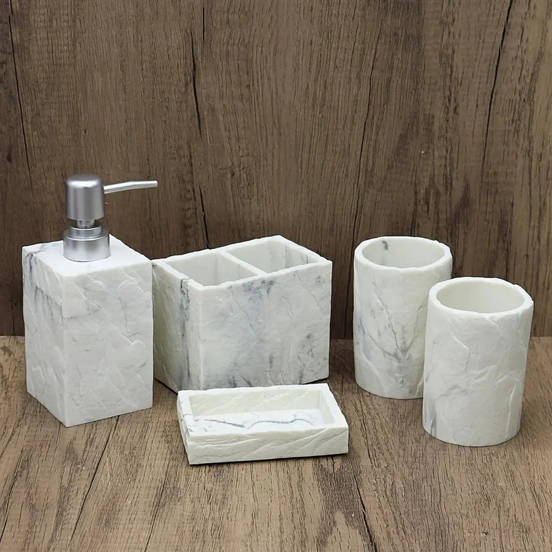 High-End Resin Bathroom Set with Empty Bottles for Hand Soap, Shampoo, and Various Lotions - Includes Toothbrush Holder, Mouthwash Cup, Soap Dish - Practical and Stylish Design, a Great Bathroom Kit, Bathroom Storage Cabinet, by House Of Avana