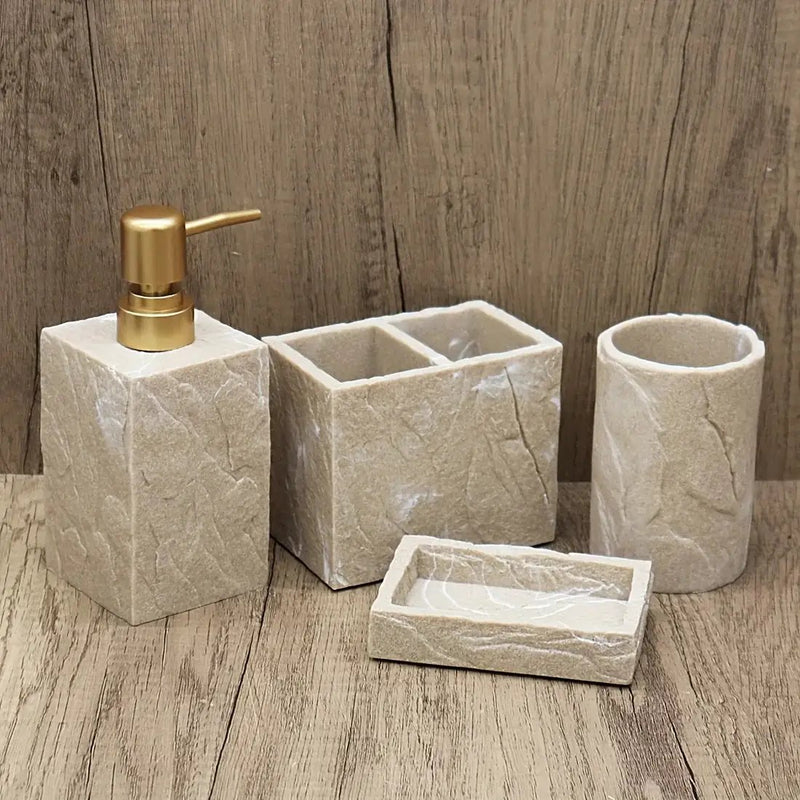 High-End Resin Bathroom Set with Empty Bottles for Hand Soap, Shampoo, and Various Lotions - Includes Toothbrush Holder, Mouthwash Cup, Soap Dish - Practical and Stylish Design, a Great Bathroom Kit, Bathroom Storage Cabinet, by House Of Avana