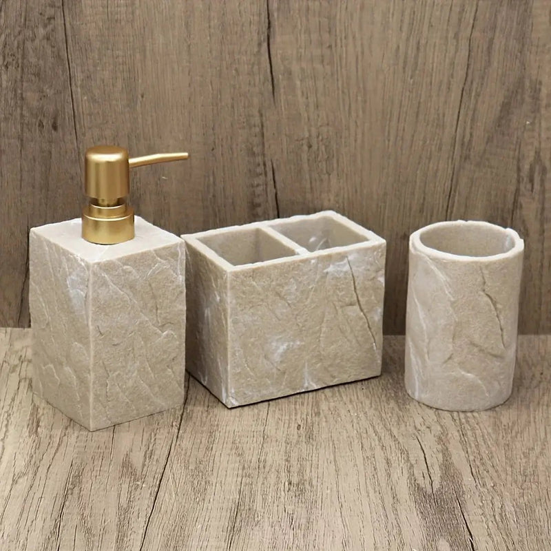 High-End Resin Bathroom Set with Empty Bottles for Hand Soap, Shampoo, and Various Lotions - Includes Toothbrush Holder, Mouthwash Cup, Soap Dish - Practical and Stylish Design, a Great Bathroom Kit, Bathroom Storage Cabinet, by House Of Avana