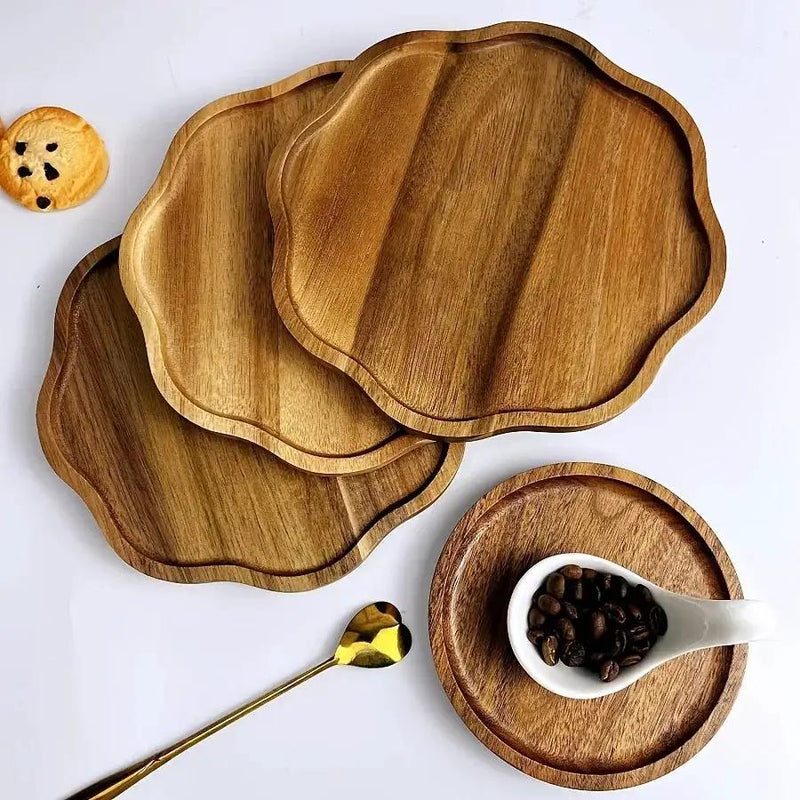 High-End Wooden Trays, Plum Blossom-Shaped Acacia Wood Trays, Creative Breakfast Trays, Suitable for Holding Cheese, Bread, Desserts, And Coffee, Perfect for Use in Kitchens, Restaurants, Parties, And Wedding Venues by House Of Avana