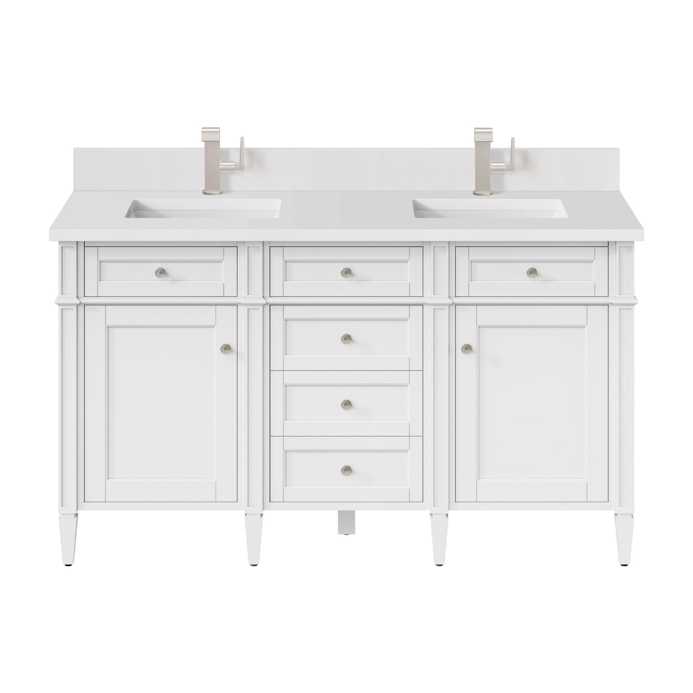 James Martin Brittany 60" Double Bathroom Vanity, Bright White with White Zeus (Single Hole, with Backsplash) countertop
