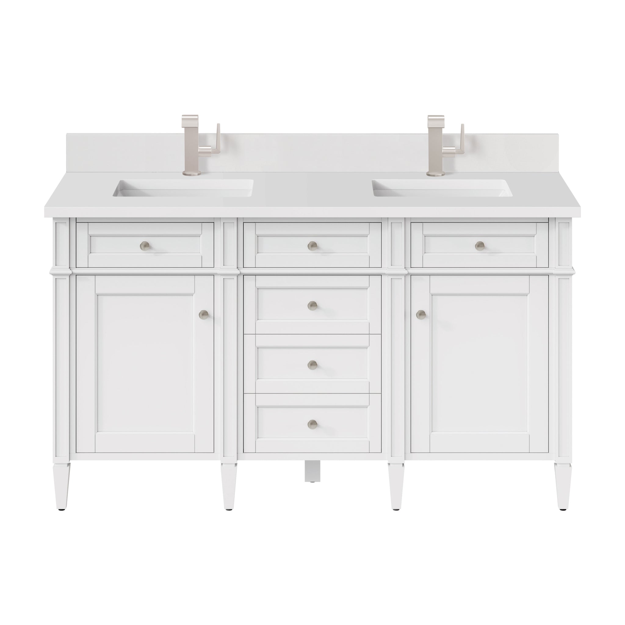 James Martin Brittany 60" Double Bathroom Vanity, Bright White with White Zeus (Single Hole, with Backsplash) countertop