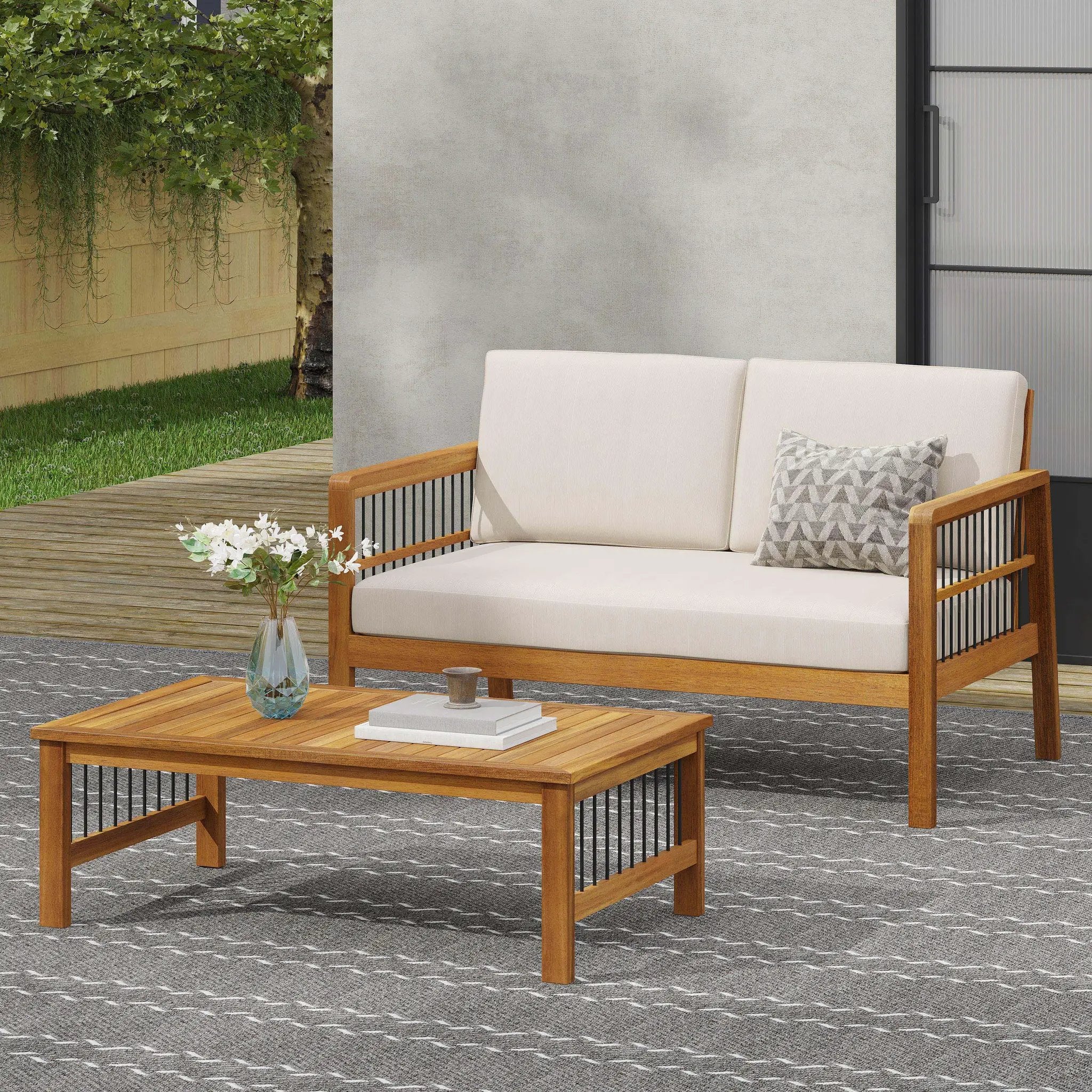 Outdoor Acacia Wood and Iron Loveseat and Coffee Table Set with Cushions, Teak by HouseOfZazla