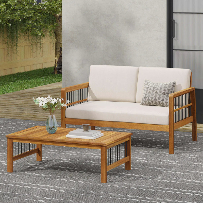 Outdoor Acacia Wood and Iron Loveseat and Coffee Table Set with Cushions, Teak by HouseOfZazla