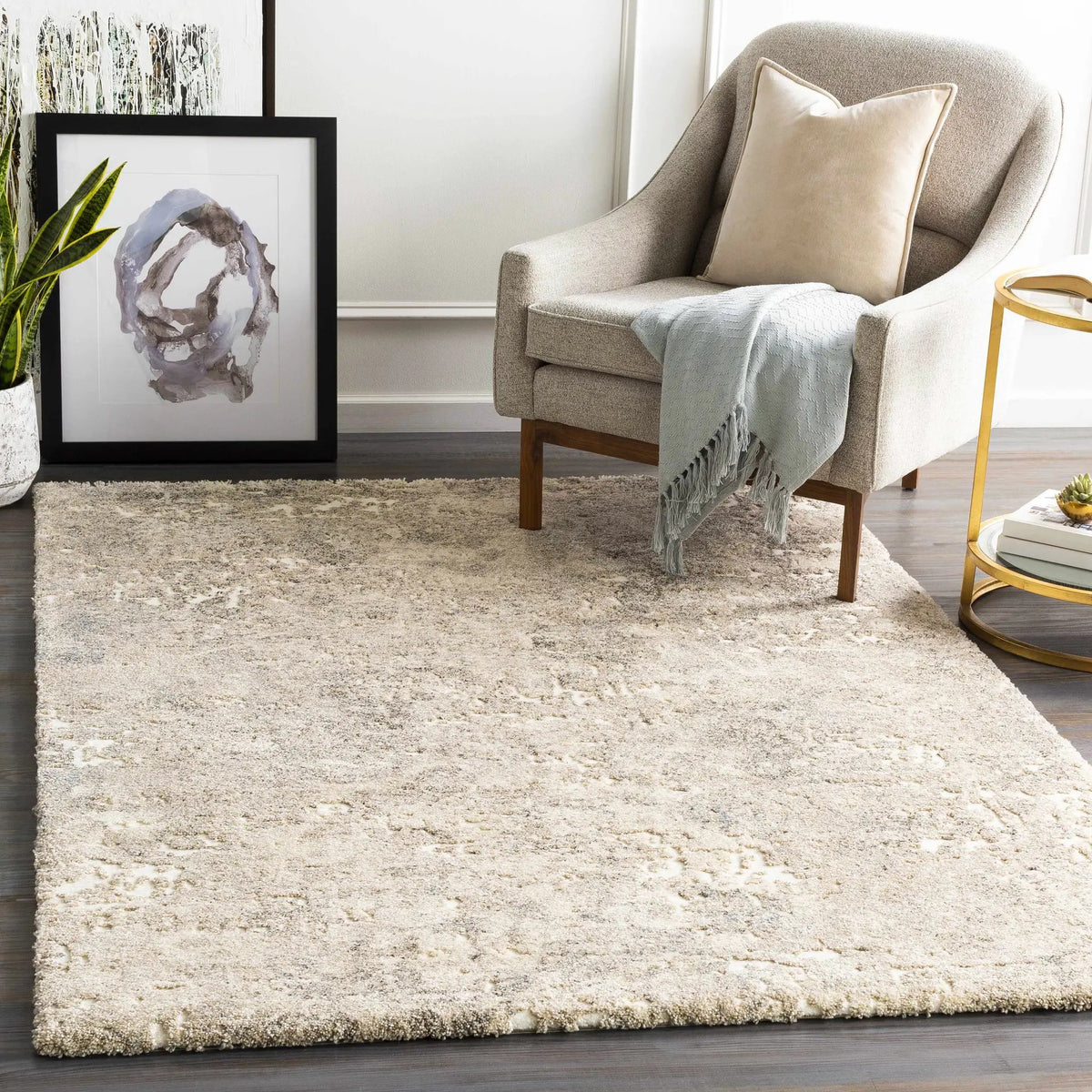Holtsville Abstract Ivory Thick Rug, installed in a room
