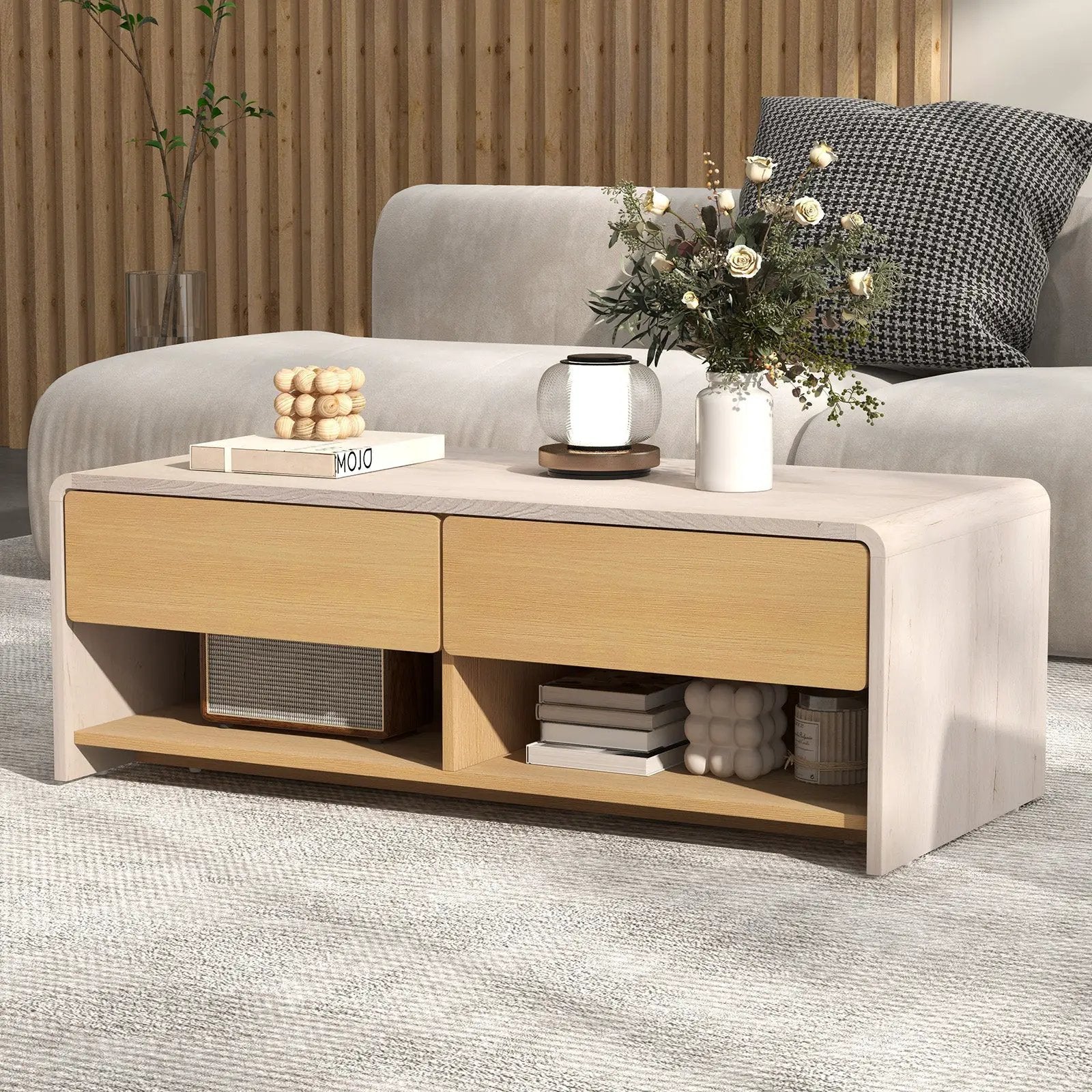 Home Coffee Table with 2 Drawers and 2 Storage Shelf-White & Natural by DirectDeals