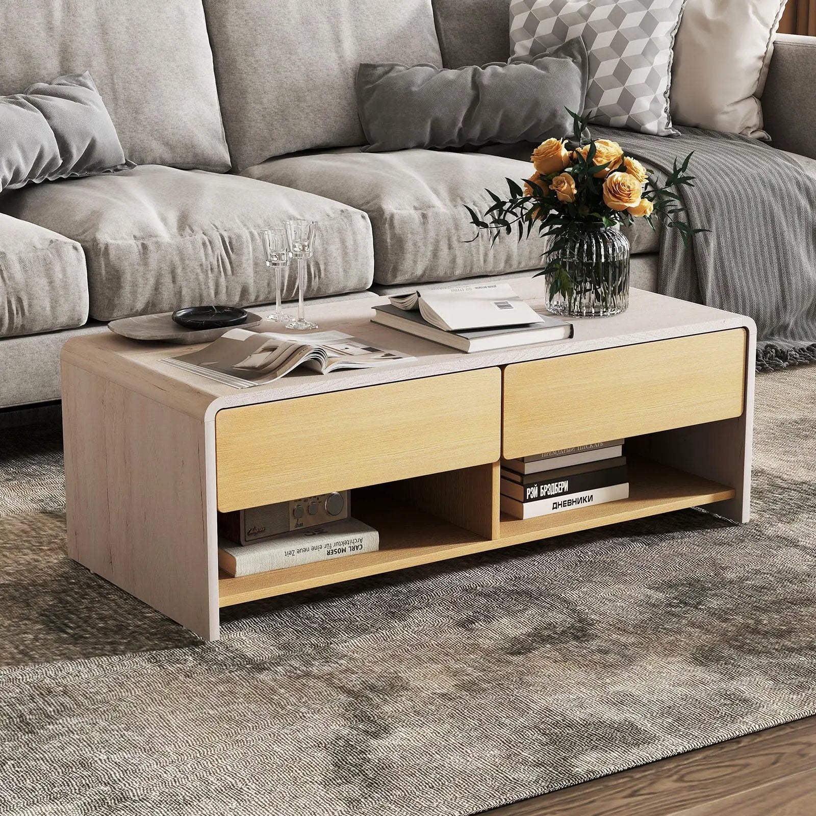 Home Coffee Table with 2 Drawers and 2 Storage Shelf-White & Natural by DirectDeals