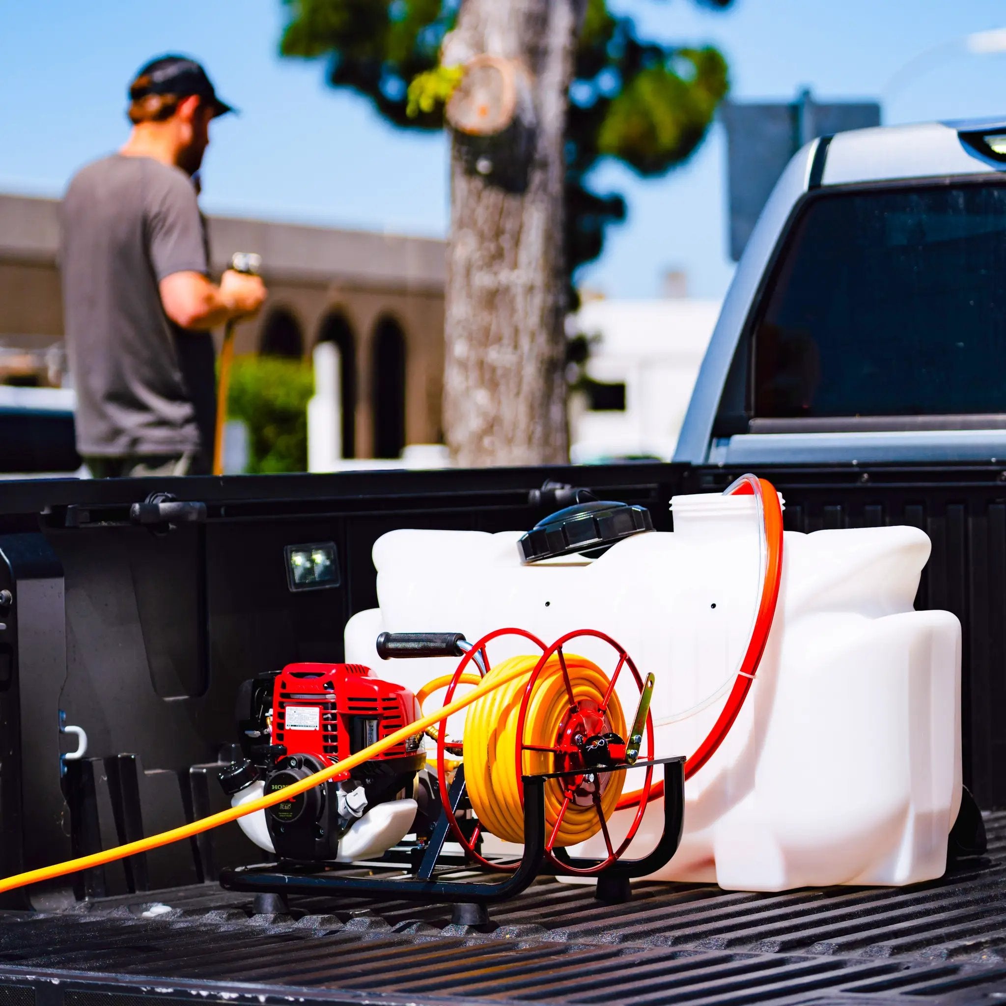 1.6HP Skid Sprayer Barrel Mount Only with Honda GX35 100ft Hose and 500 PSI Pump for Pest Control by Tomahawk Power