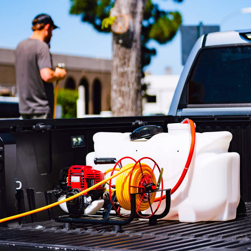 1.6HP Skid Sprayer Barrel Mount Only with Honda GX35 100ft Hose and 500 PSI Pump for Pest Control by Tomahawk Power
