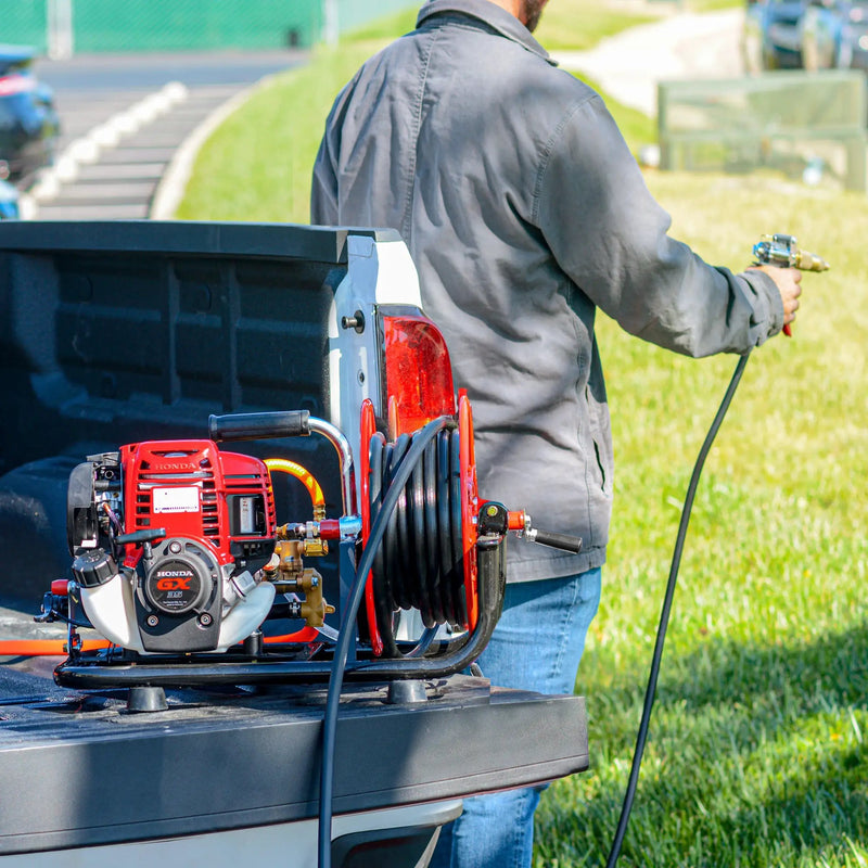 1.6HP Skid Sprayer Barrel Mount Only with Honda GX35 100ft Hose and 500 PSI Pump for Pest Control by Tomahawk Power