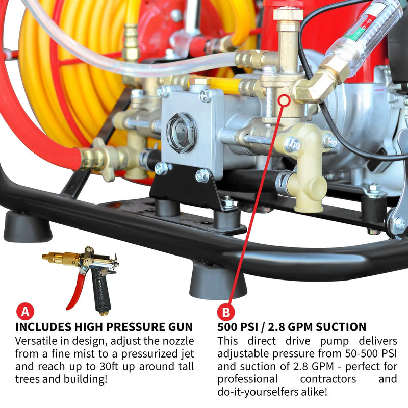 1.6HP Skid Sprayer Barrel Mount Only with Honda GX35 100ft Hose and 500 PSI Pump for Pest Control by Tomahawk Power