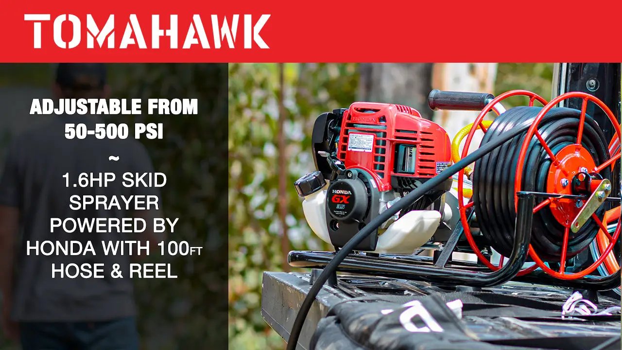 1.6HP Skid Sprayer Barrel Mount Only with Honda GX35 100ft Hose and 500 PSI Pump for Pest Control by Tomahawk Power