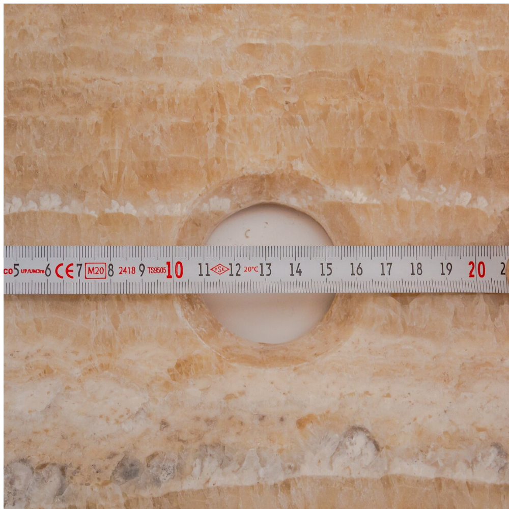 honey onyx natural stone vessel sink surface polished hand split size irregular SKU 202115 drain hole measure view product shot