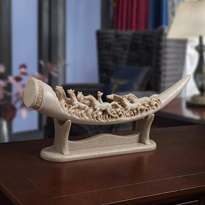 Ivory Resin Running Horses Tusk Sculpture on Stand by House Of Avana