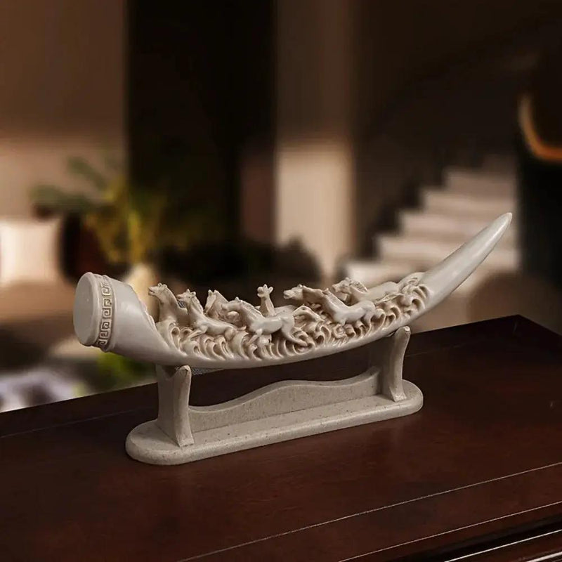 Ivory Resin Running Horses Tusk Sculpture on Stand by House Of Avana