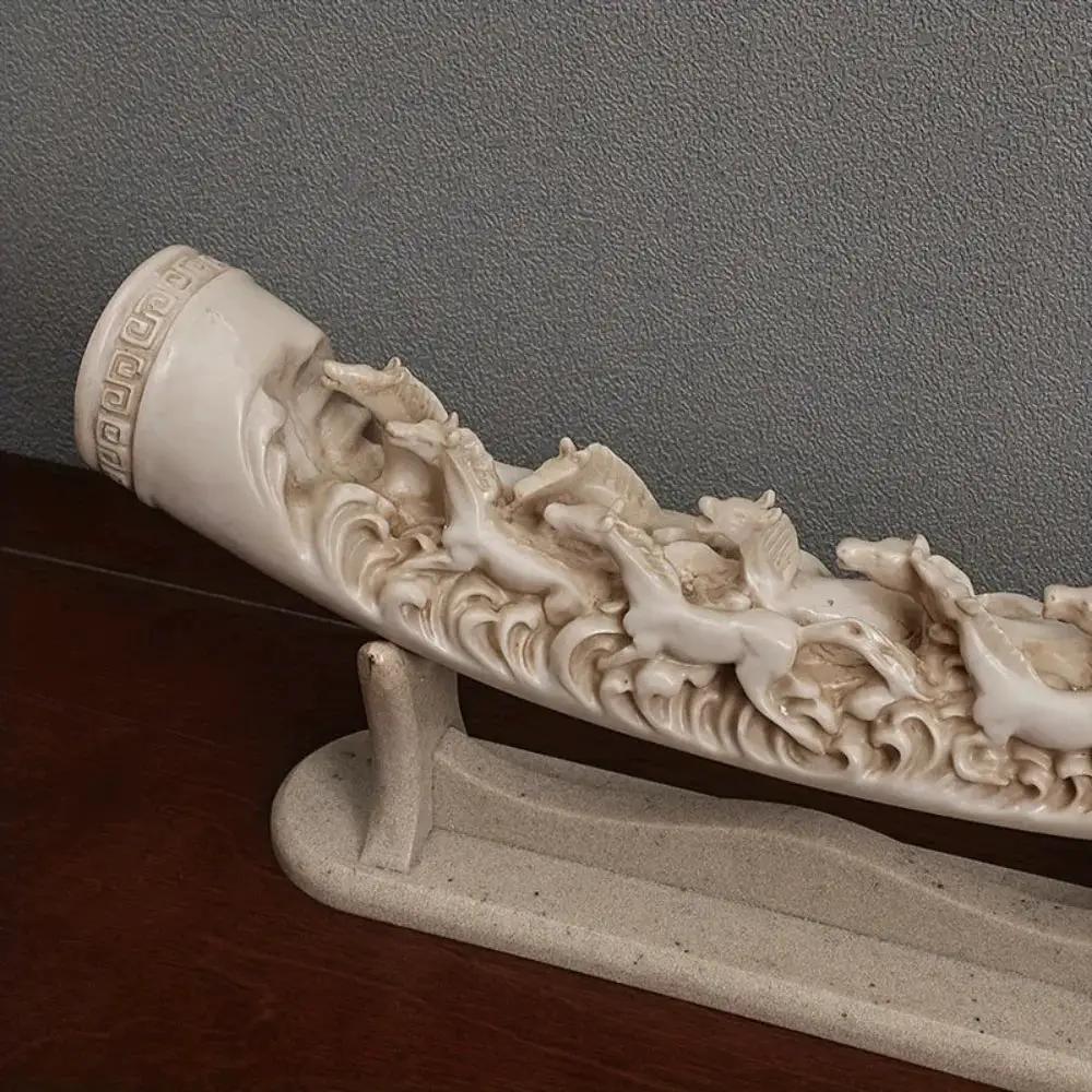 Ivory Resin Running Horses Tusk Sculpture on Stand by House Of Avana