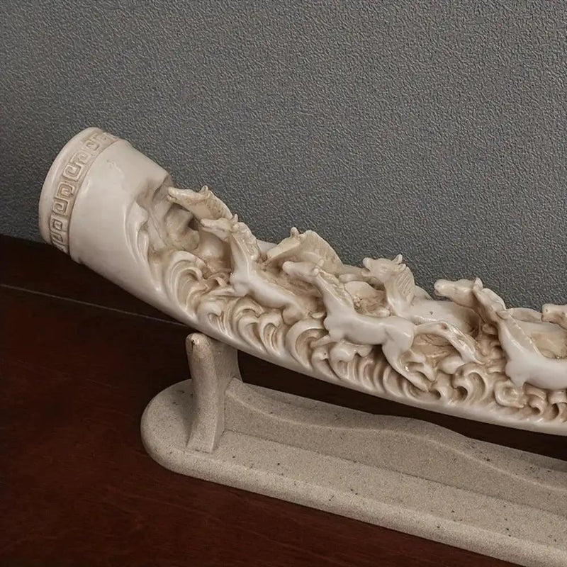 Ivory Resin Running Horses Tusk Sculpture on Stand by House Of Avana