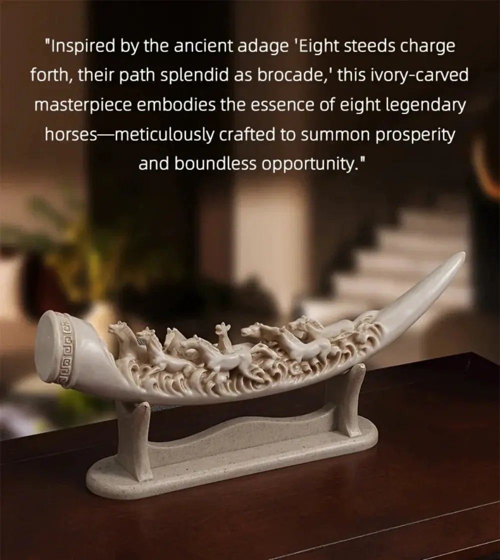Ivory Resin Running Horses Tusk Sculpture on Stand by House Of Avana