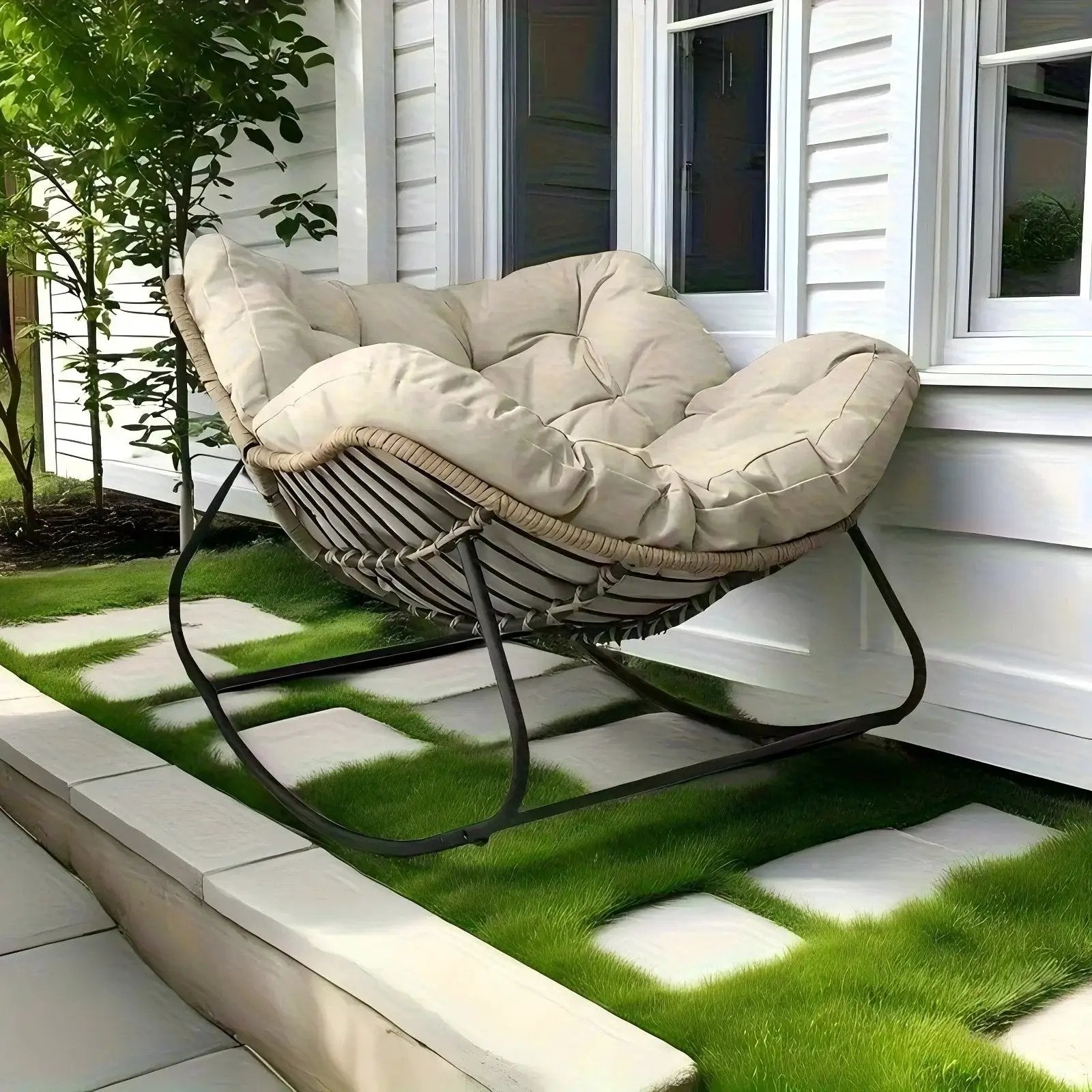 Outdoor Papasan Rocking Chair with Weather-Resistant Cushions by House Of Avana