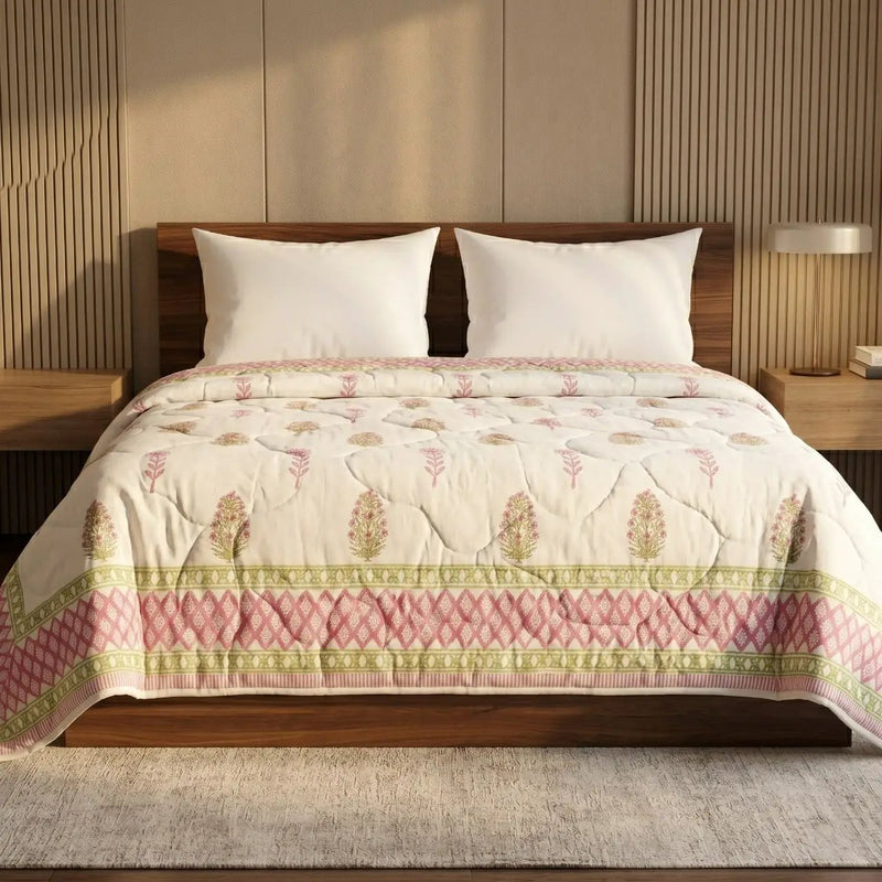 House of Avana Cream & Rose Pink Floral Jaipur Indian Hand Block Print Quilted Comforter by House Of Avana