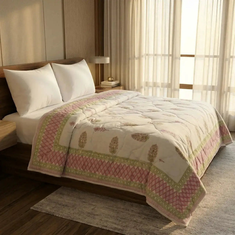 House of Avana Cream & Rose Pink Floral Jaipur Indian Hand Block Print Quilted Comforter by House Of Avana