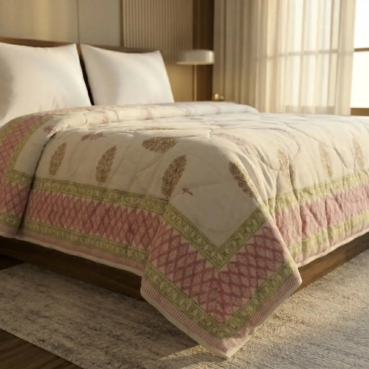 House of Avana Cream & Rose Pink Floral Jaipur Indian Hand Block Print Quilted Comforter by House Of Avana