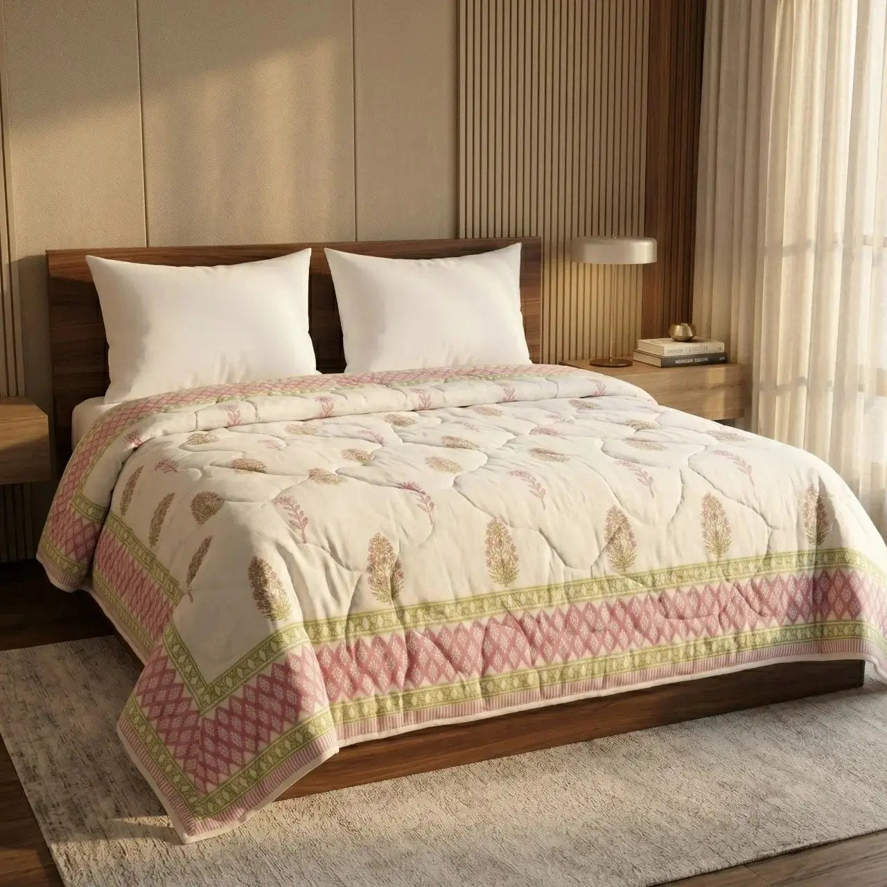 House of Avana Cream & Rose Pink Floral Jaipur Indian Hand Block Print Quilted Comforter by House Of Avana