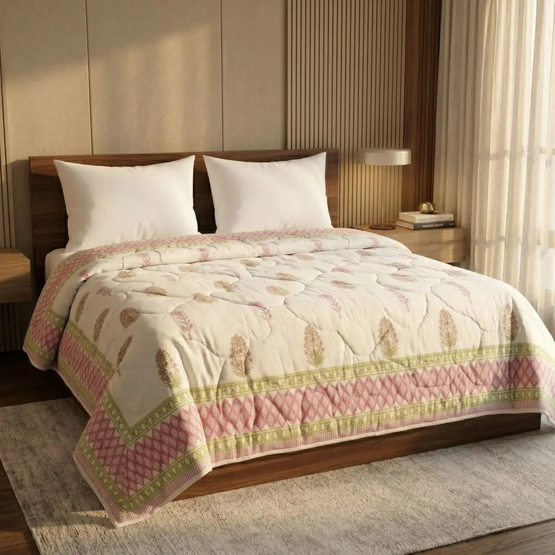House of Avana Cream & Rose Pink Floral Jaipur Indian Hand Block Print Quilted Comforter by House Of Avana